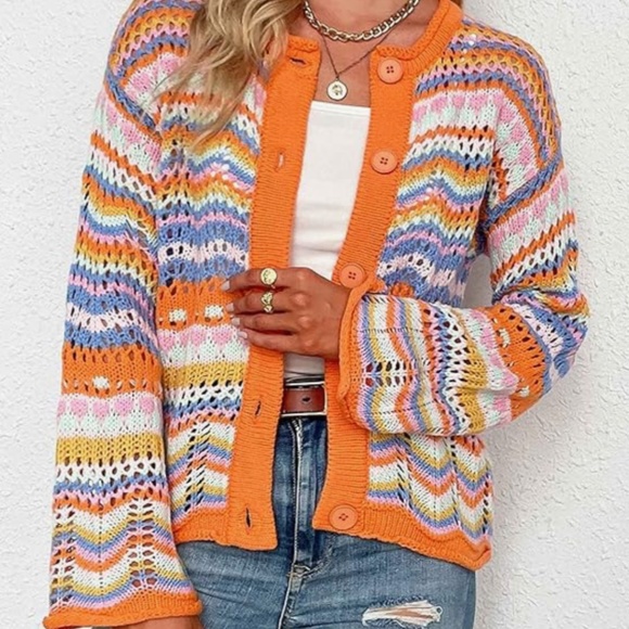 Women’s Orange Multi Hollow Open Knit Cardigan sz large - Picture 4 of 5